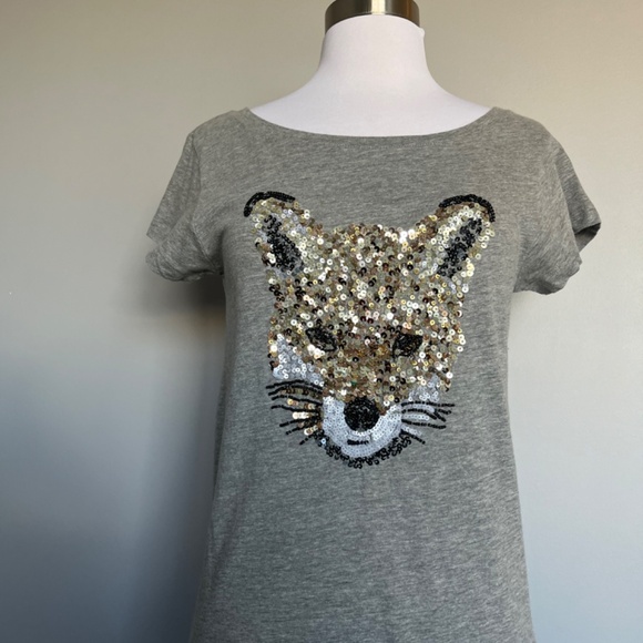 French Connection Embellished Sequin Beaded Gray Fox Cotton T-shirt Tee Top S - Picture 4 of 9